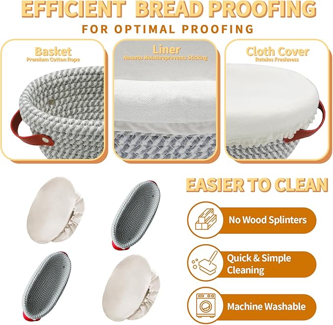 Cotton Rope Banneton Bread Proofing Basket Setï¼? Pack Oval Cottonbanneton Bread Proofing Basket Set Bowls With Liners，Sourdough Bread Baking Supplies