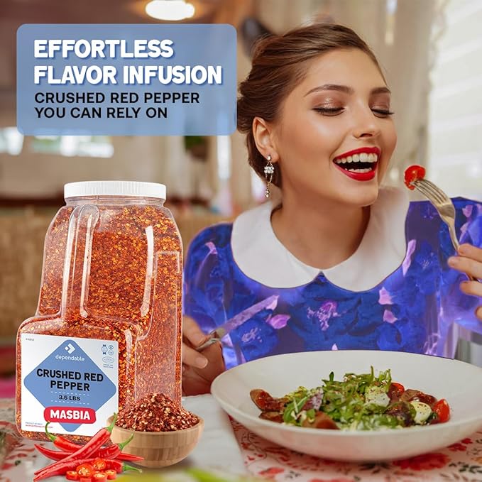 Dependable Food Crushed Red Pepper Flakes - 3.5 Lb. Container - Bulk Size - Kosher Spice Seasoning for Chefs & Culinary Enthusiasts Adds Heat & Depth to Pizza, Pasta, Stir-Fries - Non-GMO & Allergen-Free
