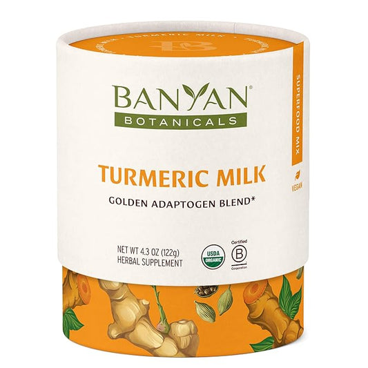 Banyan Botanicals Turmeric Milk ??Organic Turmeric Latte Mix with Ashwagandha & Cardamom ??Instant Caffeine Free Golden Milk with Maple Sugar ??4.3 oz, 26 servings ?“Non GMO Sustainably Sourced Vegan