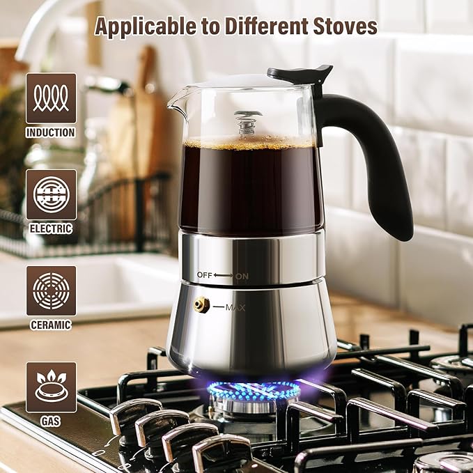 Moka Pot-Portable Stovetop Espresso Maker, Borosilicate Glass & Stainless Steel Percolator Coffee Maker 6 Cups (240ml/8.5oz)
