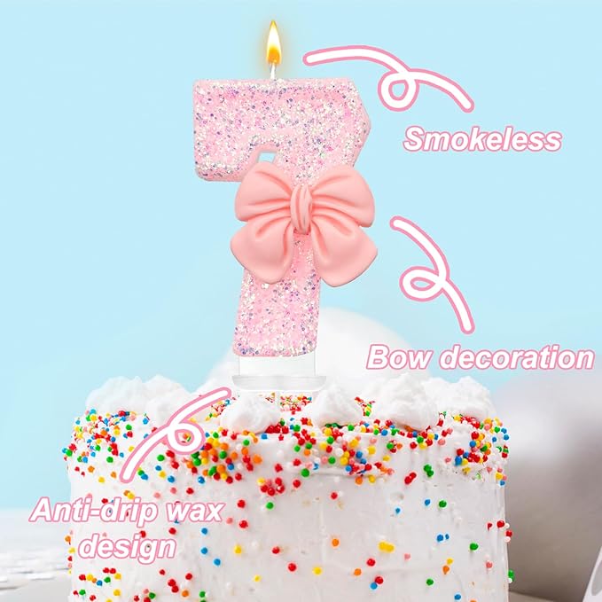 Pink Glitter Bow Birthday Candles, 7 Pack (0-9 Numbers, Eco-Friendly, Smokeless)