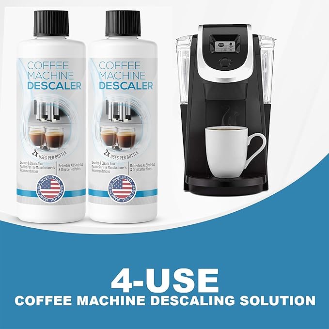Descaling Solution for Coffee & Espresso Machines - 2 Bottle Pack (4 Uses) - Universally Compatible Descaler Cleaner for Keurig, Breville, Nespresso, Delonghi & All Single Use or Drip Machines