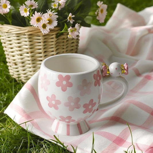 Ceramic Mug Cute Candy Shape, Unique Holiday Mug with Handle Hot Cocoa Cup Perfect for Tea & Coffee Lovers, Gifts for Family Friends or Children 12 OZ (Pink Flowers)