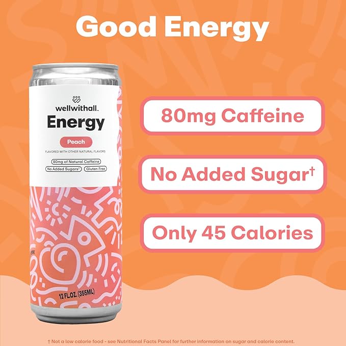 WellWithAll Peach Energy Drink ??Caffeine from Tea ??With Vitamin C ??Lightly Sparkling Beverage ??Fruit & Veggie Juice Blend ??12 Oz (Pack of 12)