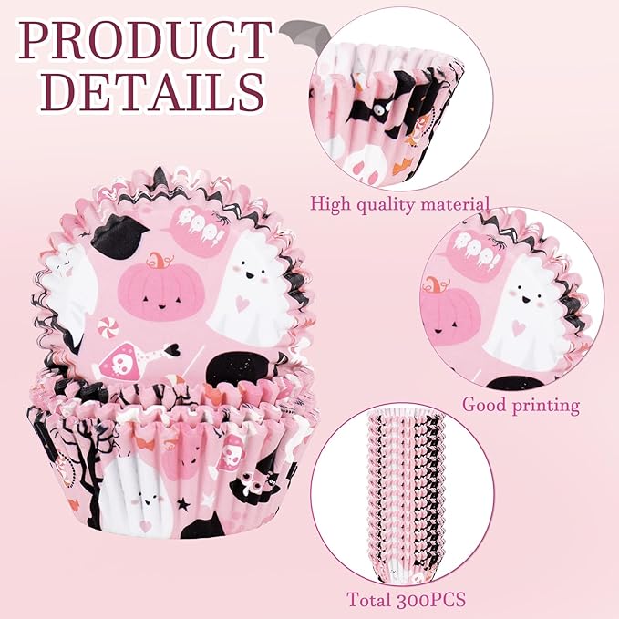 300Pcs Halloween Cupcake Liner Pink Boo Ghost Baking Cup Paper Muffin Cupcake Wrapper for Trick or Treat Party Supplies