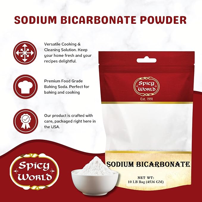 Spicy World Sodium Bicarbonate Powder - Aluminum Free, Food Grade Baking Soda Bulk for Cleaning, Pool, Cooking & More (10 LB Bag)