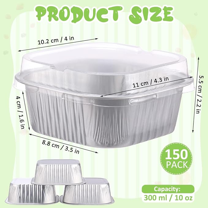 Aoriher 150 Pieces 10 oz Mini Cake Pans with Lids Aluminum Foil Baking Cups Square Disposable 4" x 4" Large Cupcake Cups Baking Tins for Kitchen Brownie Pudding Desserts Holders(Silver)