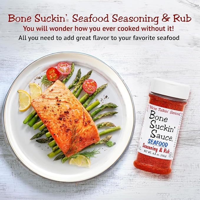 Bone Suckin' Seafood Seasoning & Rub, 4.8 Oz - For Frying, Grilling & Baking, Gluten-Free, Non-GMO, Kosher, Great on Shrimp, Salmon, Tuna, Tilapia, Pollock, Cod, Catfish, Clams, Crabs & More! Sugar Free & No Msg