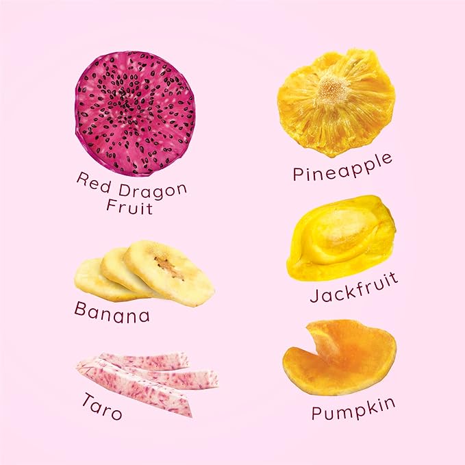 Jans Buah Mixed Fruit Chips, 7 Oz ??Tropical Mix of Red Dragonfruit, Pineapple, Banana, Jackfruit, Taro, Pumpkin Chips - Deliciously Sweet & Crunchy Mixed Chips Snacks, Non-GMO, Gluten Free, Vegan