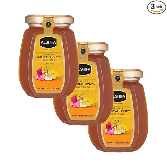 ALSHIFA Natural Honey 8.81oz (250g) | Pack of 3 | Raw & Pure Honey Unpasteurized | 100% Pure Wildflower Honey | No Added Sugar | Glass Bottle