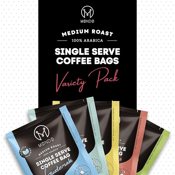 Mondo Single Serve Coffee Bags (20 Cups) Variety Pack - Organic, Medium Roast - Disposable, Portable Coffee Filters for Camping and Travel, Sampler Box of 5 Ground Coffee Flavors