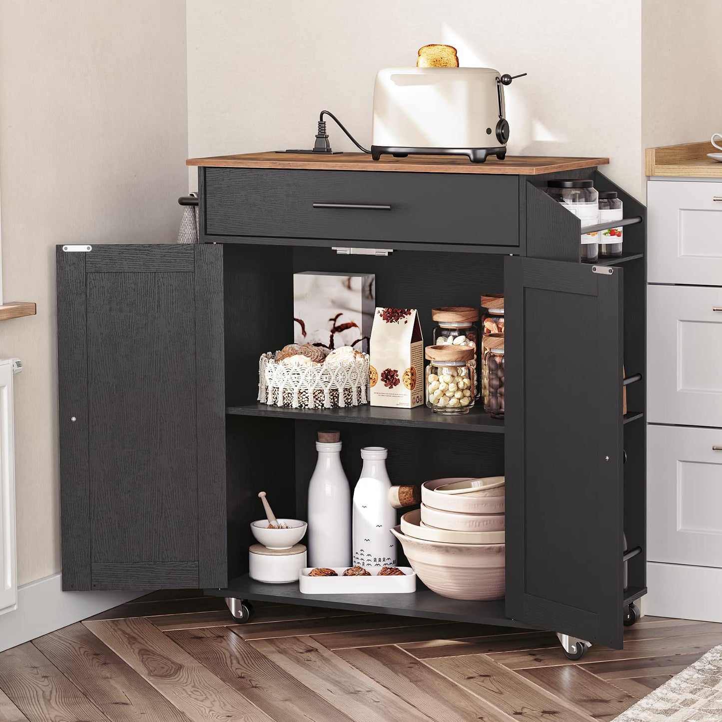 HOOBRO Kitchen Island with Power Outlet, Storage Island with Spice Rack and Drawer, Rolling Kitchen