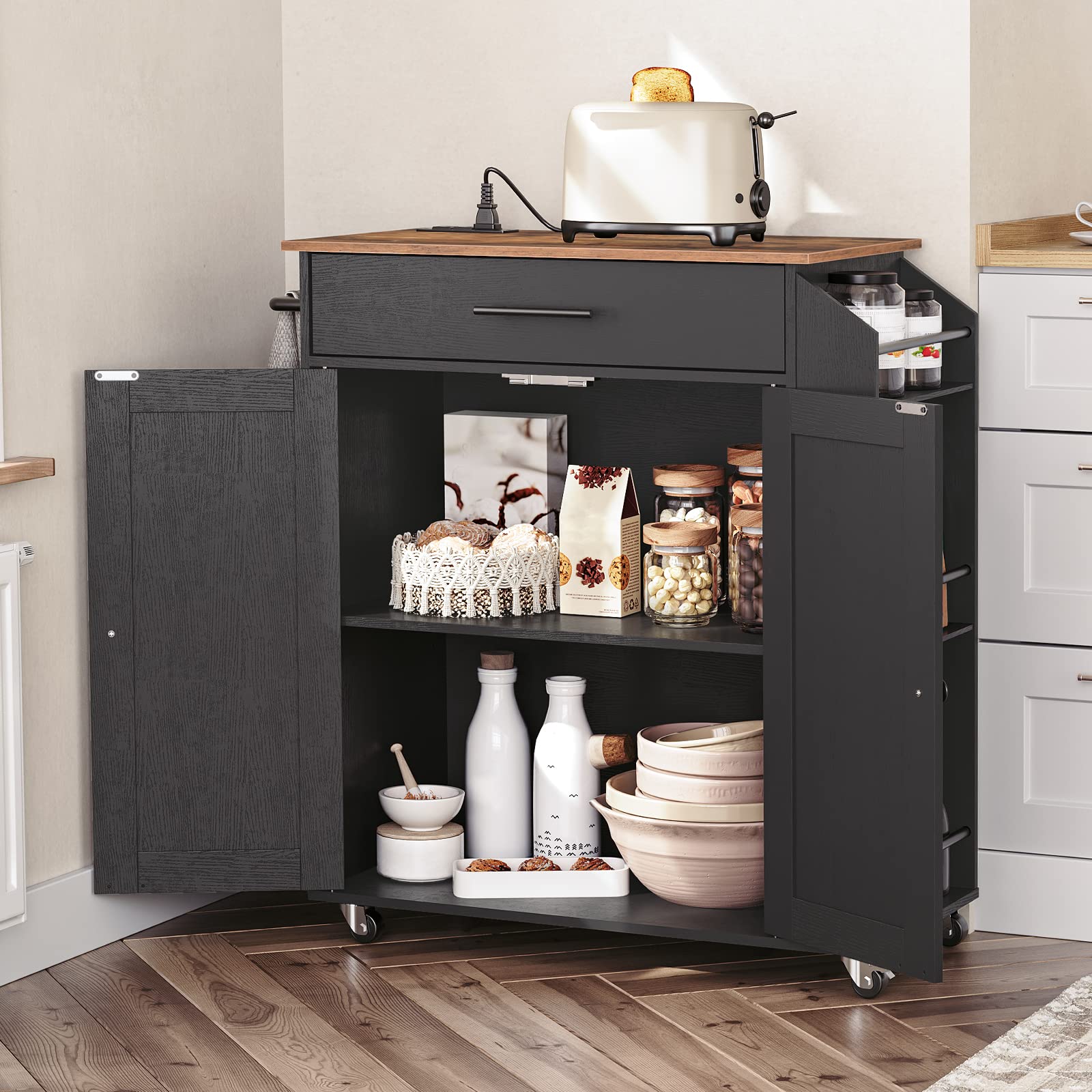 HOOBRO Kitchen Island with Power Outlet, Storage Island with Spice Rack and Drawer, Rolling Kitchen
