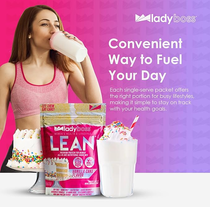 LadyBoss Lean Protein Shake Vanilla Cake Flavor - Meal Replacement & Craving Support with Grass-Fed Whey, 18 Vitamins & Nutrients - 30 Servings