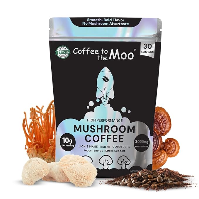 High Performance Mushroom Coffee 3000mg with Lion’s Mane, Reishi & Cordyceps – Focus, Energy & Immunity – L-Theanine, Coconut & Stevia – Sugar Free Instant Coffee – 30 Servings by Coffee to the Moo