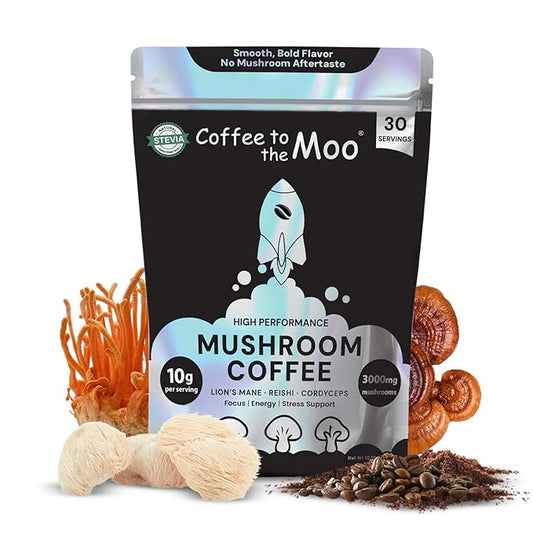 High Performance Mushroom Coffee 3000mg with Lion’s Mane, Reishi & Cordyceps – Focus, Energy & Immunity – L-Theanine, Coconut & Stevia – Sugar Free Instant Coffee – 30 Servings by Coffee to the Moo