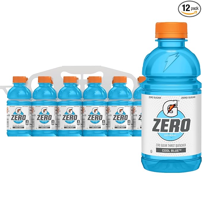 Gatorade Zero Thirst Quencher Sports Drink, Cool Blue, 12oz Bottles (12 Pack), Zero Sugar, Electrolytes for Rehydration