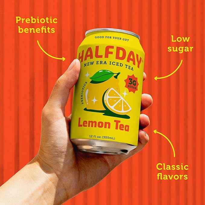 HALFDAY Prebiotic Iced Tea Lemon, Peach, Raspberry and Half & Half Variety Pack, Gut Health, Plant