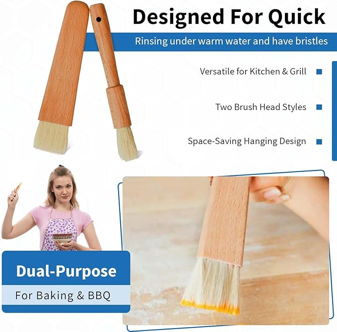 ANGEL’S PEEL LOUNGE Pastry Brush for Baking - Basting Brush with Wooden Handle Flat and Round Heads - Food Brushes for Cooking - Best for BBQ, Egg, Butter, Oil and Sauce – 2 PCS