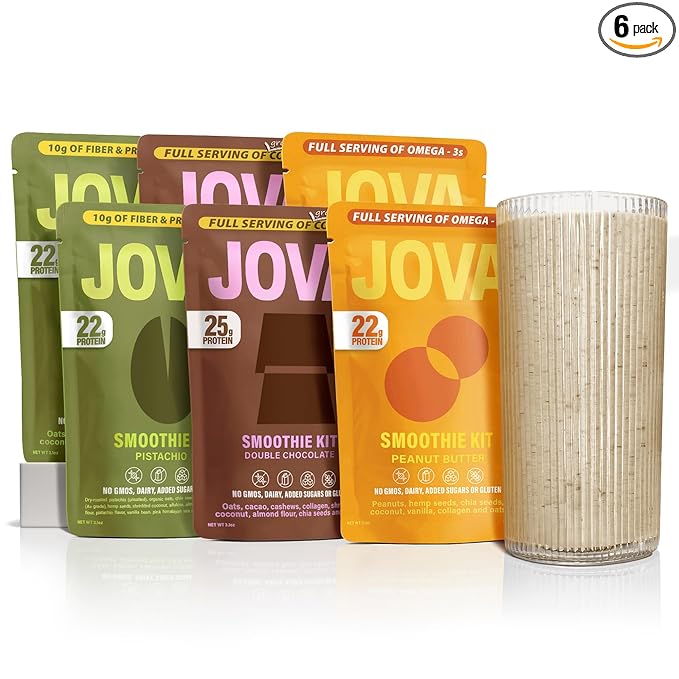 JOVA Smoothie Variety Kit (Peanut Butter, Pistachio & Double Chocolate) Nutritious, Delicious & Ready in 1 Minute | 22g+ Protein (Gluten-Free, Non-GMO, High Fiber, USA Made), 6-Pack