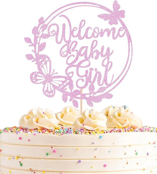 Welcome Baby Girl Cake Topper - Pink Glitter Baby Shower Cake Decorations, Baby Girl Cake Topper, for Baby Shower/Birthday Party/Gender Reveal Party Photo Booth Props