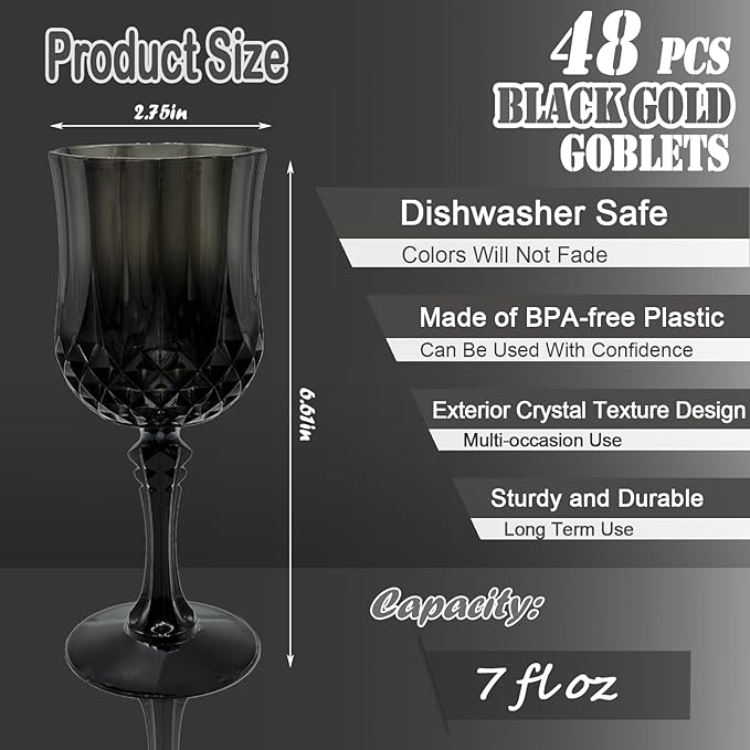 48 PCS Black Plastic Wine Glasses，Cordial Glasses，Goblets，Can be Used for Weddings, Everyday Fun Parties and More!