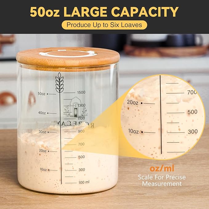 rorecay 50oz Sourdough Starter Kit with Time Keeper, High Borosilicate Glass Sourdough Starter Jar, Wide Mouth Sour Dough Crock with Lid & Spatula & Recipe for Beginners and Professional Bakers