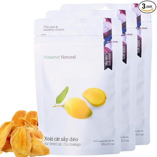 Vinamit Soft Dried Mango | Naturally Sweet Cat Chu Mango Slices | Pack 3 of 3.5 oz Bag | Non-GMO, Gluten-Free & Low Added Sugar | Rich in Potassium | Ideal for Travel, Healthy Snacking