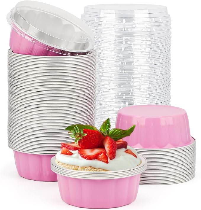 Beasea Disposable Ramekins with Lids Pink, 8oz 100 Pack Aluminum Cups for Baking, Aluminum Foil Cups Creme Brulee Muffin Cupcake Baking Cup Mini Pudding Cups for Party Wedding Birthday