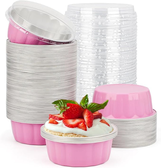Beasea Disposable Ramekins with Lids Pink, 8oz 100 Pack Aluminum Cups for Baking, Aluminum Foil Cups Creme Brulee Muffin Cupcake Baking Cup Mini Pudding Cups for Party Wedding Birthday
