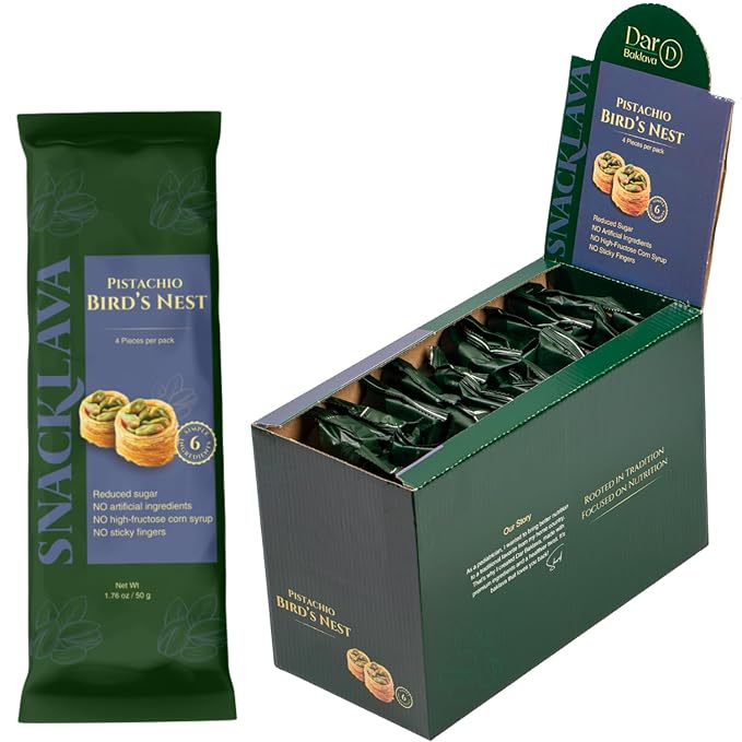 Snacklava Pistachio Bird's Nest Baklava - 20 Pack (4 Pieces per Pack) - No Artificial Ingredients, Colors or Preservatives