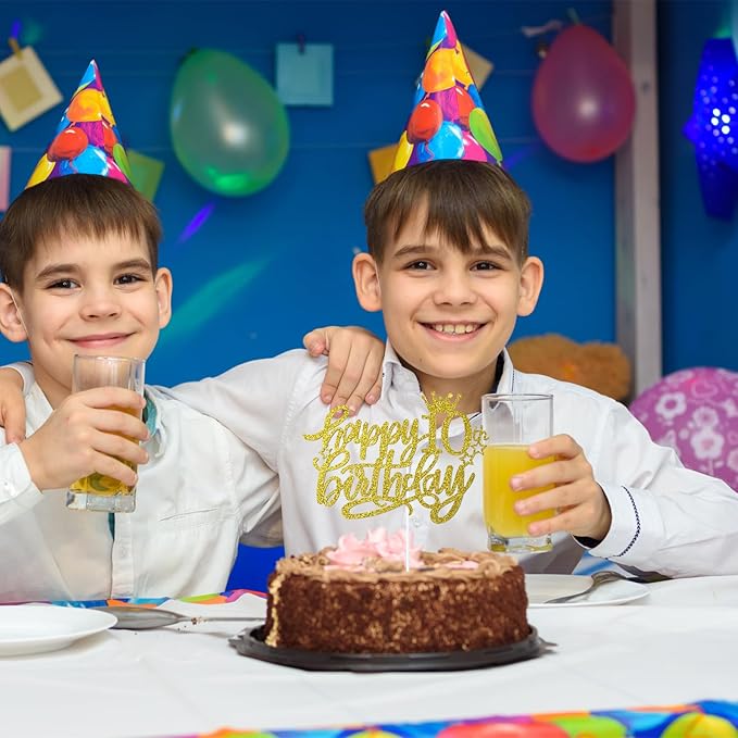 10th Happy Birthday Cake Topper, Glitter Happy 10th Birthday Cake Topper for Birthday Party Cake Decoration(Gold)