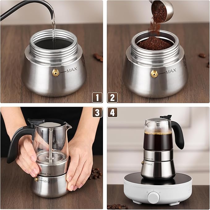 Moka Pot-Portable Stovetop Espresso Maker, Borosilicate Glass & Stainless Steel Percolator Coffee Maker 6 Cups (240ml/8.5oz)