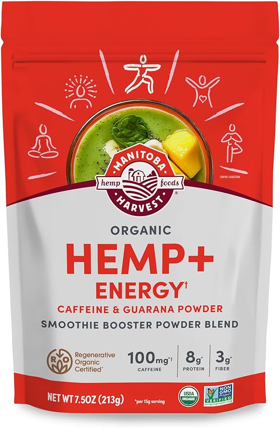 Manitoba Harvest Organic Hemp+ Energy, Caffeine & Guarana Powder, Smoothie Booster Powder Blend, 7.5 oz