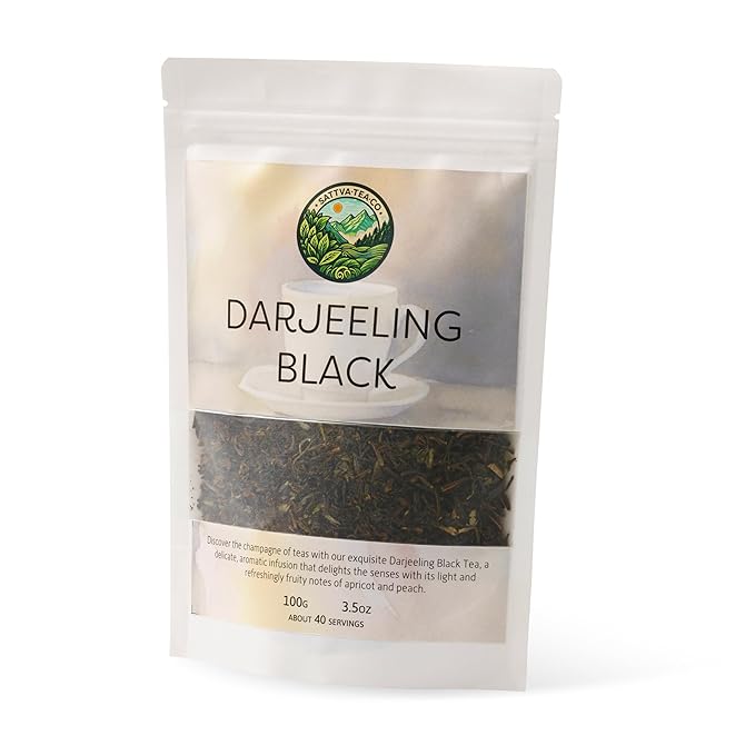 Sattva Tea Co | Darjeeling Black Tea | 100g/3.5oz Loose Leaf (Makes 40+ Cups) | Lightly Oxidized | Delicately Nuanced Flavors Tones Of Apricot And Peach | Sustainably Sourced, Vegan & Non-GMO