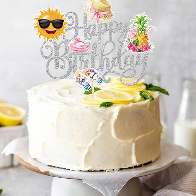 1 PCS Summer Beach Happy Birthday Cake Topper Sun Flip-Flops Pineapple Flatator Hat Cake Pick Pool Hawaiian Baby Shower Decorations for Tropical Luau Birthday Party Cake Decorations Supplies Silver