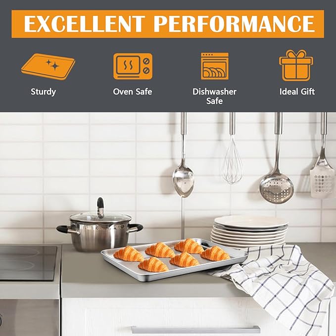 2Pcs Baking Sheet Pan Set, Joyfair Stainless Steel Cookie Sheets, Commercial Metal Pans Toaster Oven Tray Bakeware for Jelly Roll/Bread/Bacon, Heavy Gauge, Rust-free & Dishwasher Safe (12.5 Inch)