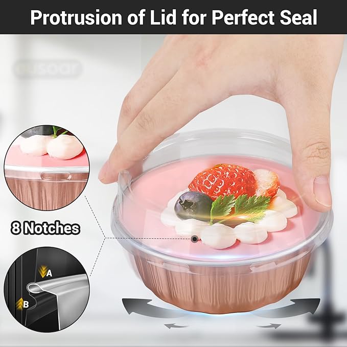 EUSOAR Cake Transport Container, 50pcs 9oz Rose Gold Foil Ramekins Disposable Oven Safe, Dessert Cups with Lids Bakery Cheesecakes Muffins Pie Round Holders for Wedding Birthday Theme Party