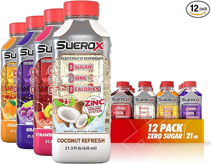 SueroX Sugar-Free Sports Drink for Hydration and Recovery, Electrolyte Hydration Drink with 8 Ions, Zero Calorie Sports Drinks with Electrolytes, Tropical Pack, 21.3 Fl Oz, 12 Count