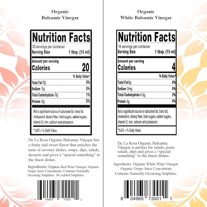 De La Rosa Organic Balsamic & White Balsamic Vinegar, Kosher for Passover, Vegan, Non-GMO & Gluten Free, Great for Salad Dressings, Marinades & More 16.9 Oz (Pack of 2)