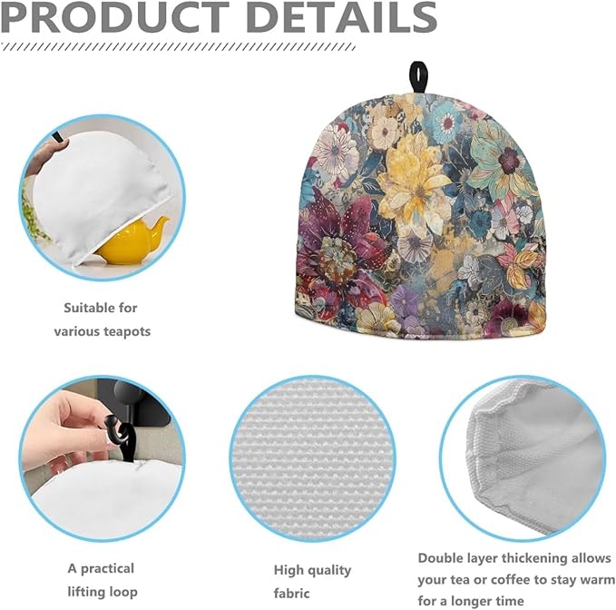 Hudotybom Boho Floral Tea Cozy for Teapot - Insulated Large Teapot Cover to Keep Warm Tea Kettle - Machine Washable Coffee Pot Cloth - Kitchen Home Decorations