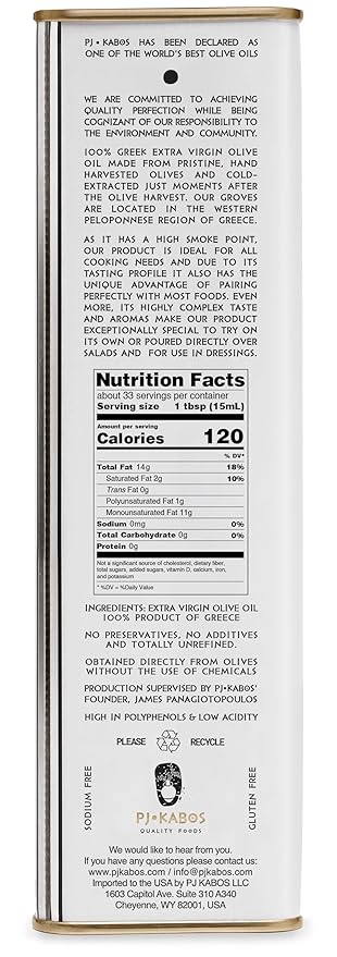 P.J. KABOS 2024/25 Harvest, High Phenolic (450+mg/kg), Premium Greek Extra Virgin Olive Oil, Kosher, Greece, Cold Extracted, 6 x 16.9 oz Tin, Koroneiki, "Family Reserve - Medium"