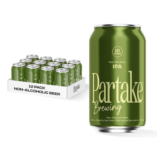 Partake Brewing Craft Non Alcoholic Beer, IPA 12 Pack x 12 Fl Oz Cans - Low Calorie & Carb, No Sugar, All Natural Ingredients - Award-Winning Taste, Non Alcoholic Beer Without the Empty Calories