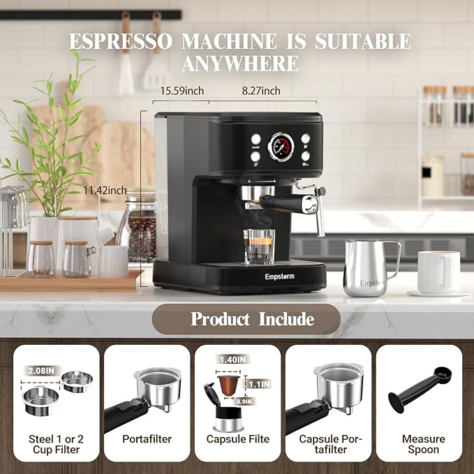 Espresso Machine Latte Coffee Makers 20 Bar, 2 IN 1 Professional Cappuccino Machine and Milk Frother Steam Wand Compatible for NS Original Capsules for Home Brewing - Black