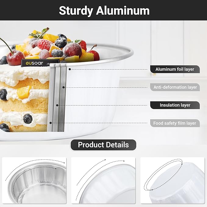 EUSOAR Deli Containers with Lids, 100pcs 9oz White Foil Cupcake Liners for Baking, Disposable Ramekins Pie Cupcakes Bread Pudding Loaf Round Holders Aluminum Pans for Wedding Birthday Theme Party