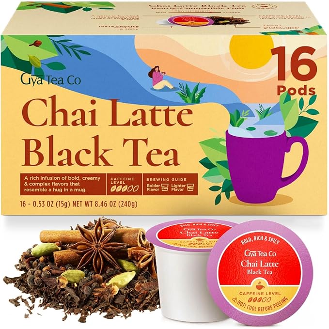 Gya Tea Co Chai Latte Tea Gift Set (16 ct) - High Caffeine Tea Pod with Milk Coconut for Refresh & Energy