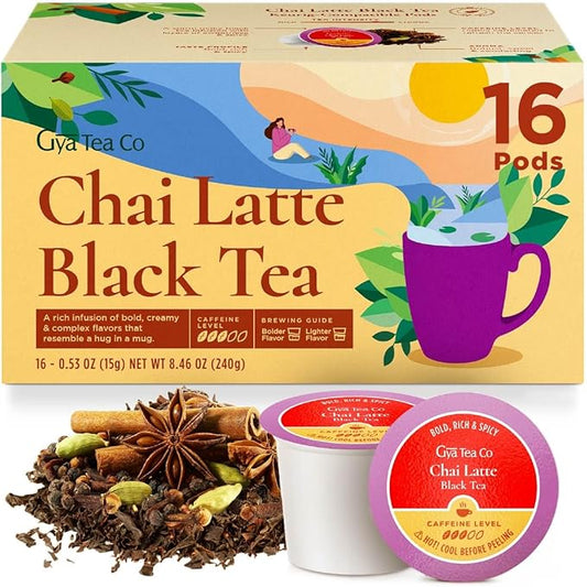 Gya Tea Co Chai Latte Tea Gift Set (16 ct) - High Caffeine Tea Pod with Milk Coconut for Refresh & Energy