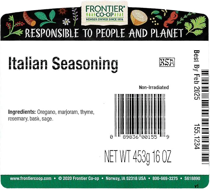 Frontier Co-op Italian Seasoning 1lb - Bulk Dried Oregano, Thyme, Rosemary, Basil, Sage and Marjoram - Wholesale Spices and Seasonings