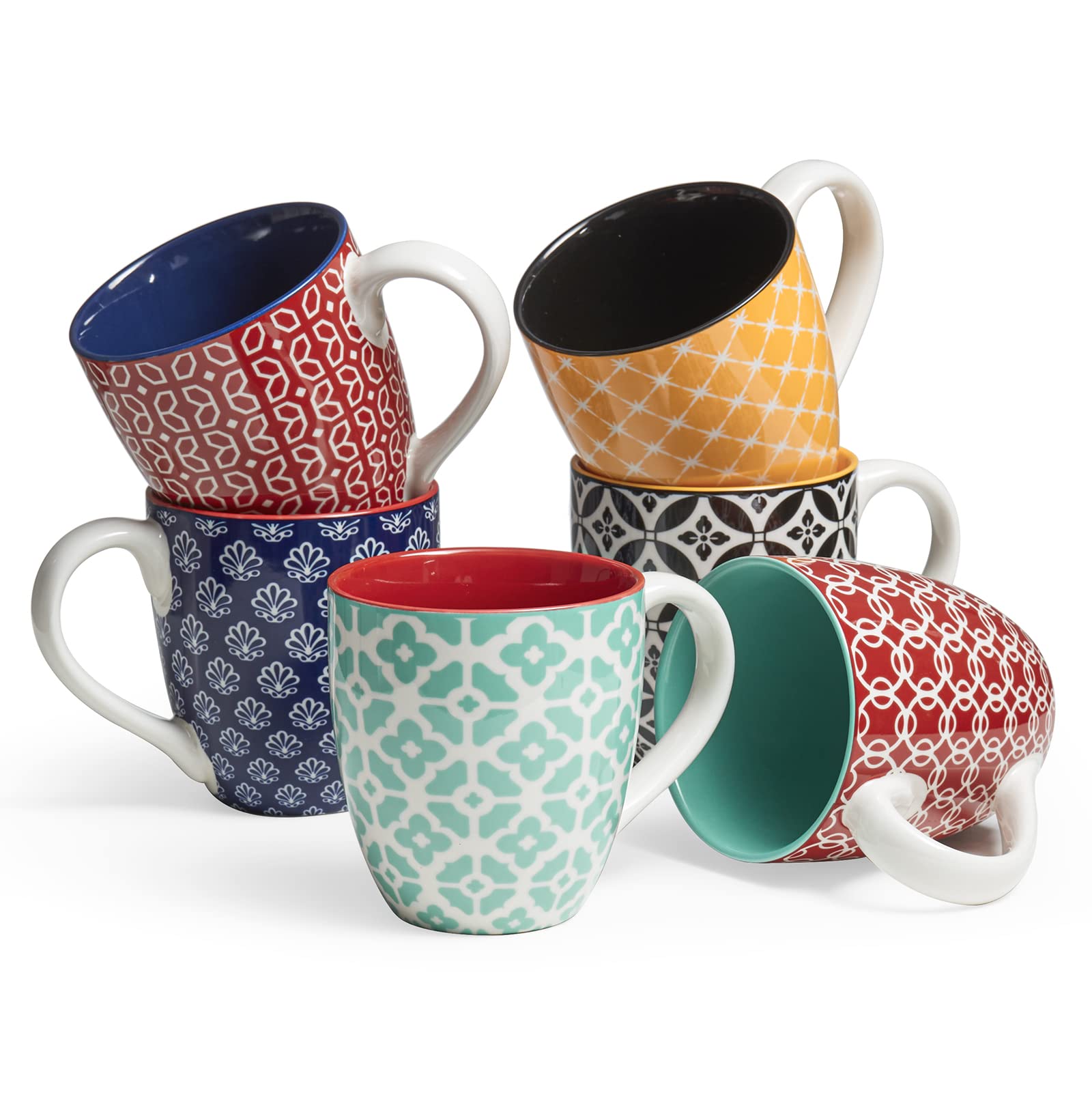 DOWAN 16 OZ Boho-Mosaic Coffee Mugs Set of 6, Large Ceramic Coffee Mugs with Handle, Bohemian Home