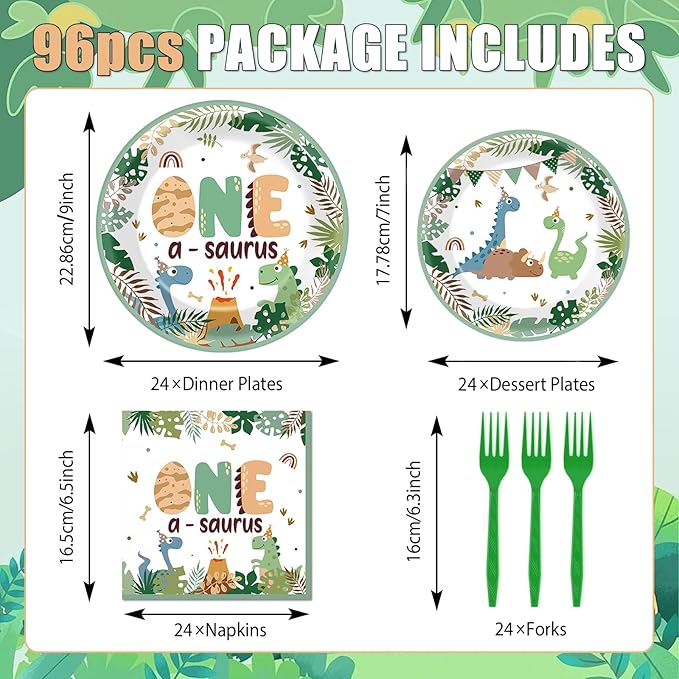 96Pcs One A Saurus Dinosaur 1st Birthday Plates and Napkins Boho Dino First Party Decorations Dinosaur First Dessert Plates Cartoon Jungle Dino 1st Tableware for 24 Guests Kids Birthday Party Supplies